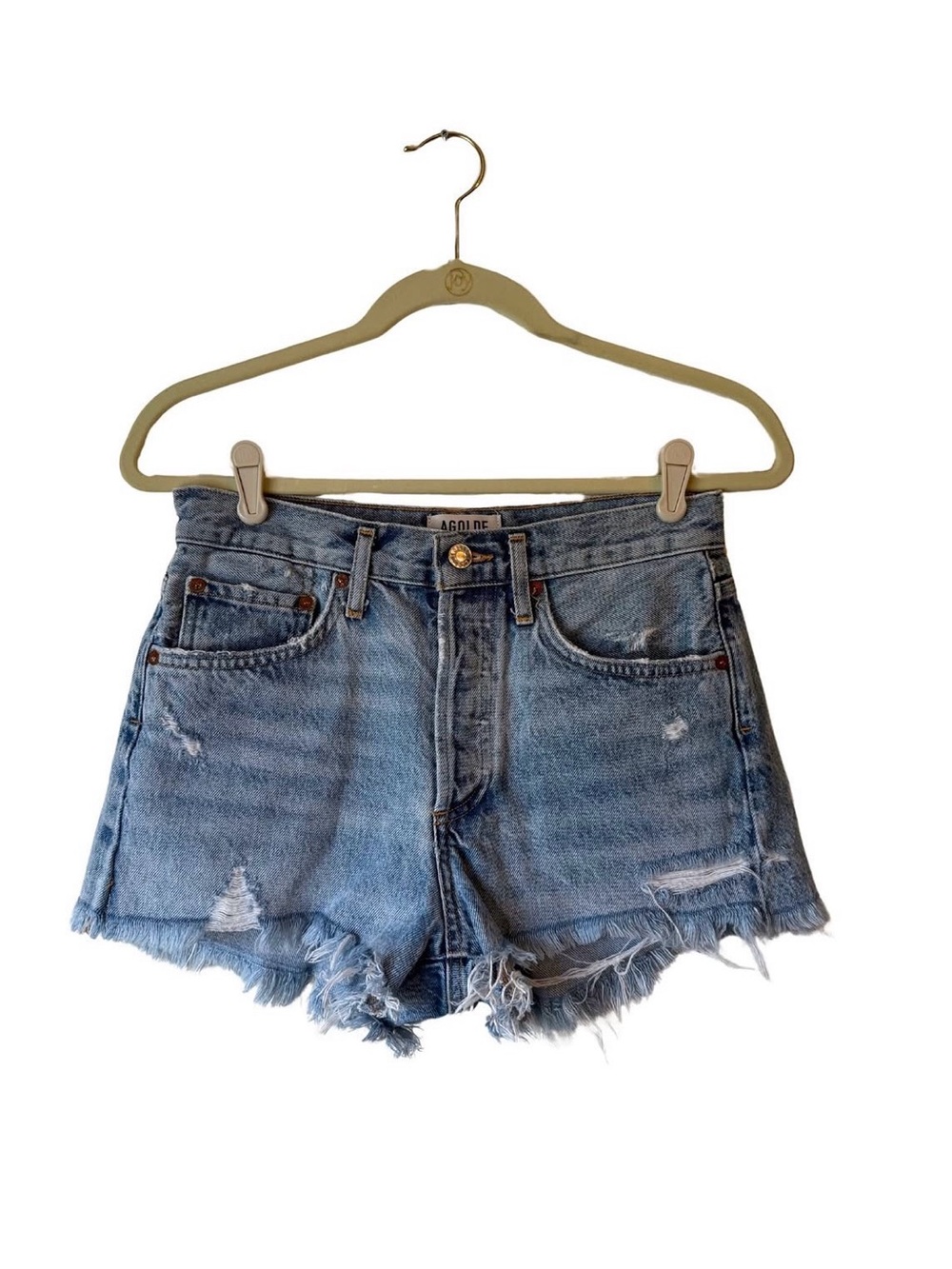 Agolde Light Wash Frayed Denim Shorts